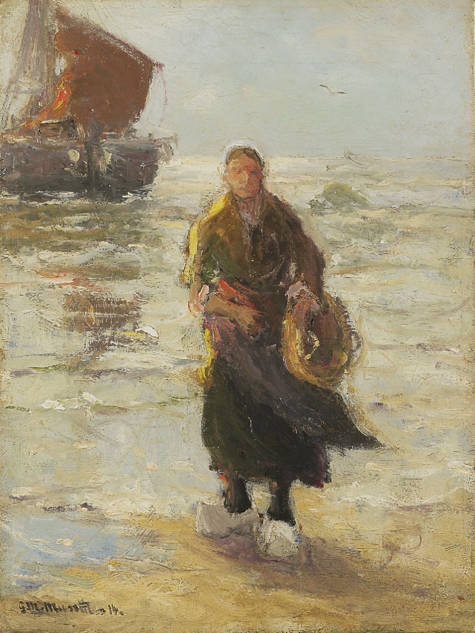 Munthe G.A.L.  | Gerhard Arij Ludwig 'Morgenstjerne' Munthe, A fish seller on the beach of Katwijk, oil on canvas 40.3 x 30.3 cm, signed l.l. and dated '14