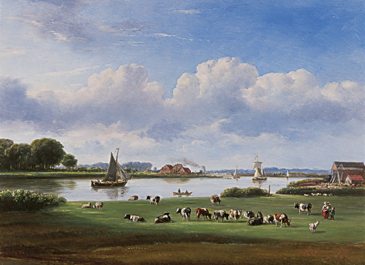 Ravenswaay J. van | Jan van Ravenswaay, Cattle in a extensive river landscape, oil on panel 29.3 x 39.8 cm, signed l.r. and dated 1861
