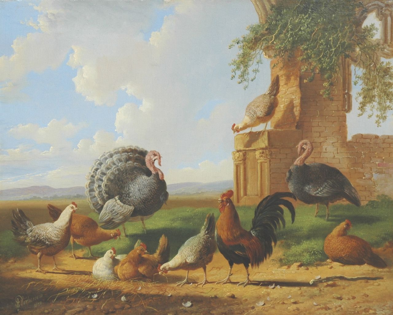 Verhoesen A.  | Albertus Verhoesen, Turkeys and chickens in a landscape, oil on panel 30.5 x 37.6 cm, signed l.l. and painted 1870