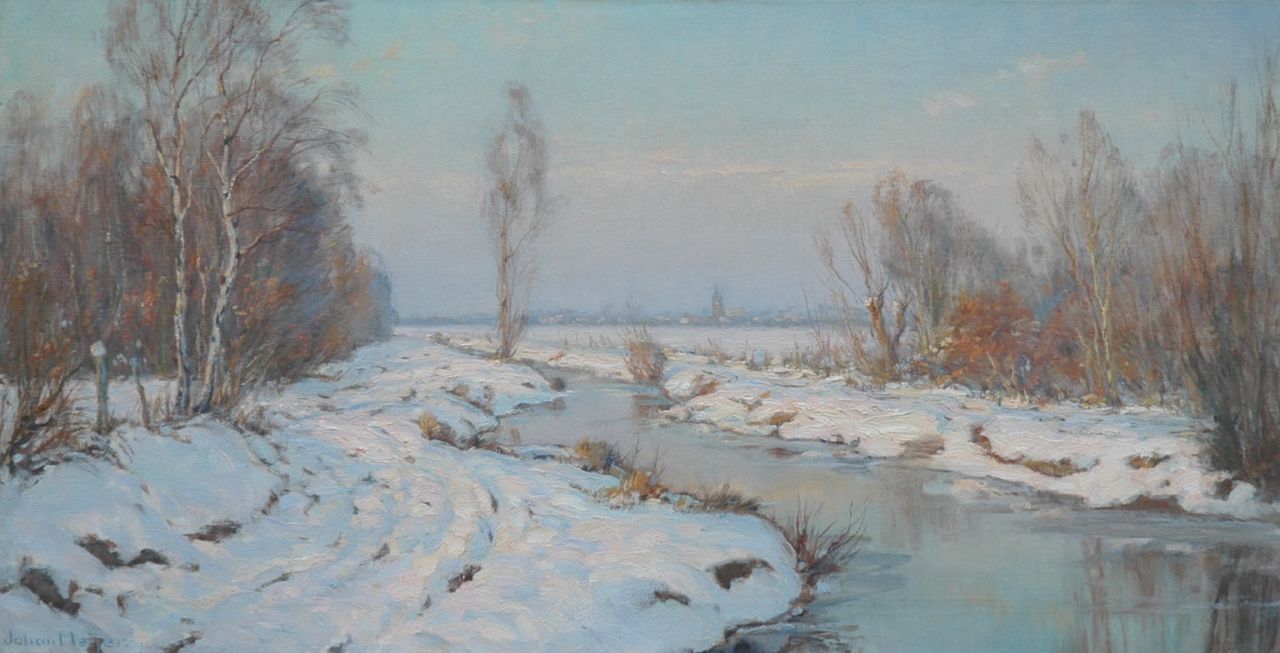 Meijer J.  | Johannes 'Johan' Meijer, Evening twilight: Gooiersgracht, Eemnes, oil on canvas 44.3 x 84.2 cm, signed on the reverse