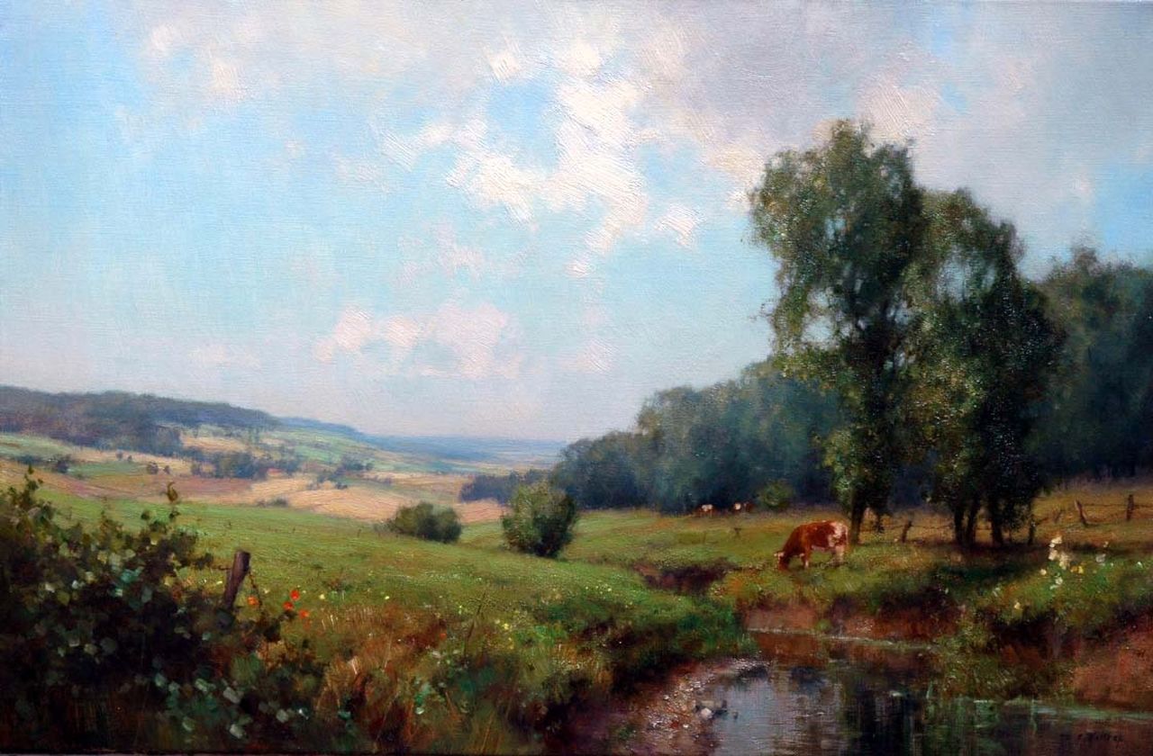 Holtrup J.  | Jan Holtrup, A stream in a hilly landscape, oil on canvas 39.8 x 60.0 cm, signed l.r.