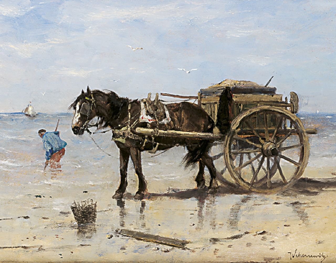 Scherrewitz J.F.C.  | Johan Frederik Cornelis Scherrewitz, A shell-gatherer at work, oil on panel 32.6 x 41.1 cm, signed l.r.