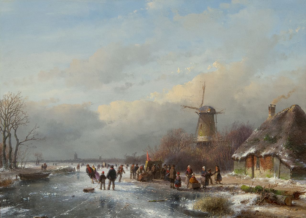 Schelfhout A.  | Andreas Schelfhout, A crowded winter landscape with skaters, oil on panel 33.7 x 47.1 cm, signed l.r. and dated '58