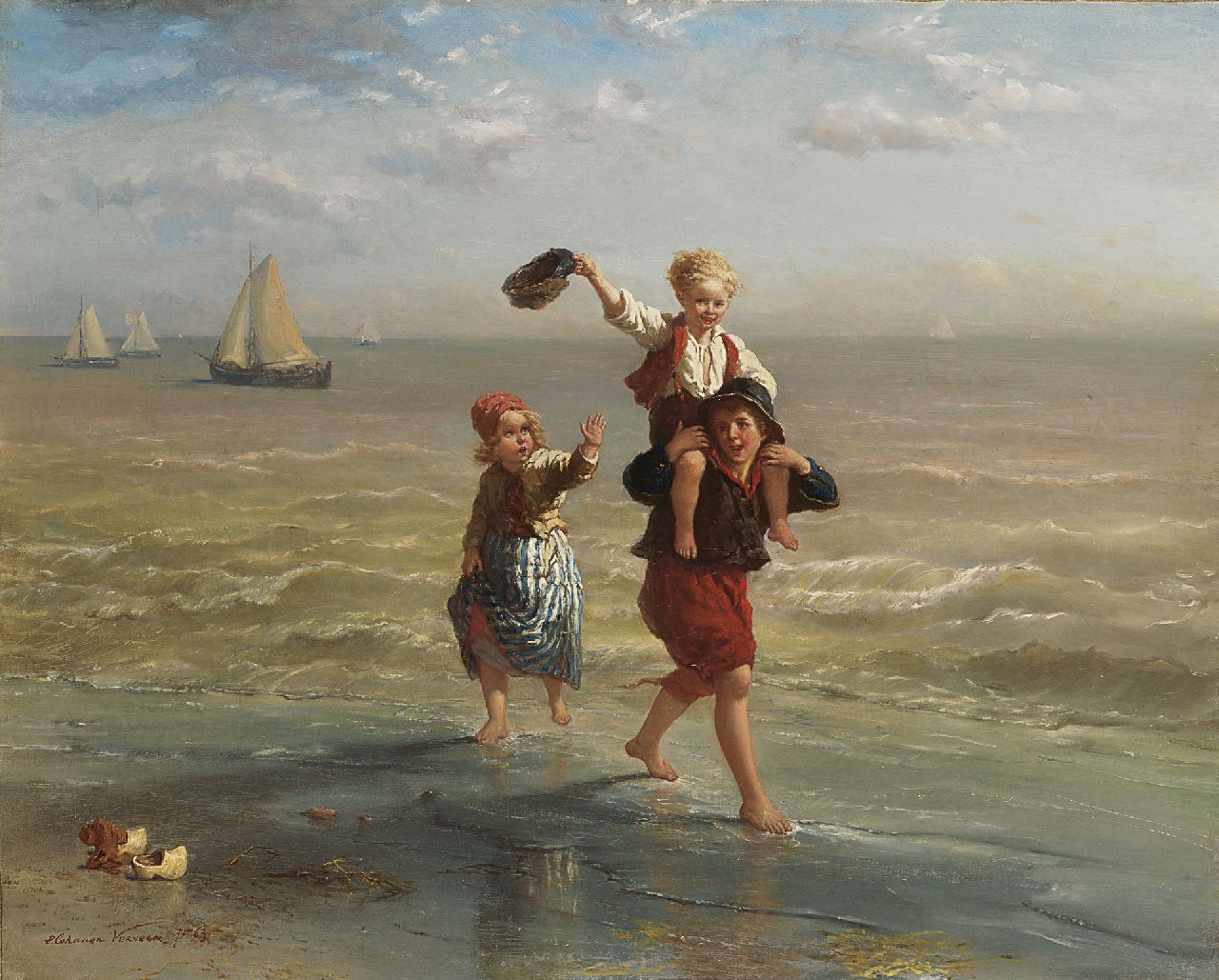 Verveer E.L.  | 'Elchanon' Leonardus Verveer, Children playing in the surf, oil on canvas 60.2 x 75.2 cm, signed l.l. and dated '63