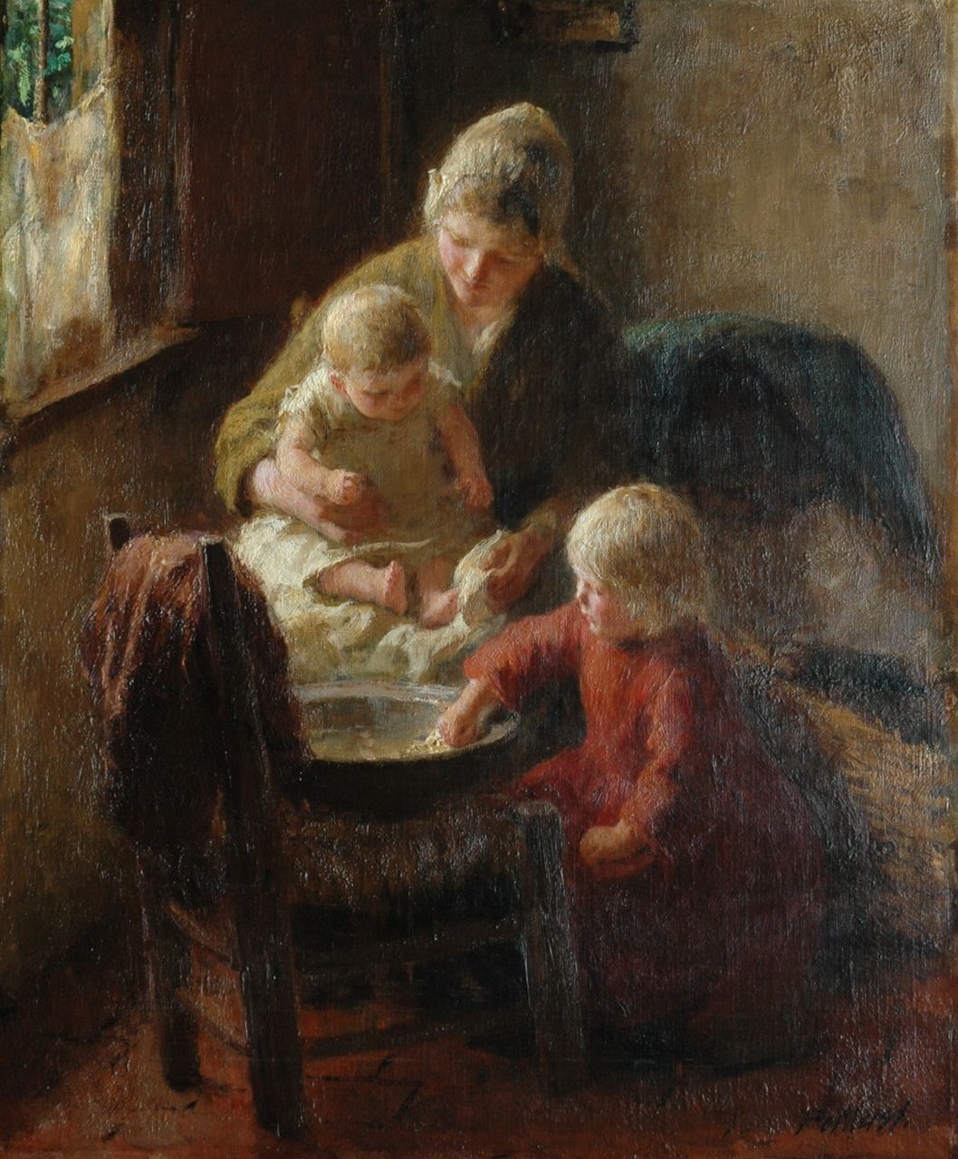 Pothast B.J.C.  | 'Bernard' Jean Corneille Pothast, Washing the baby together, oil on canvas 55.1 x 45.7 cm, signed l.r.