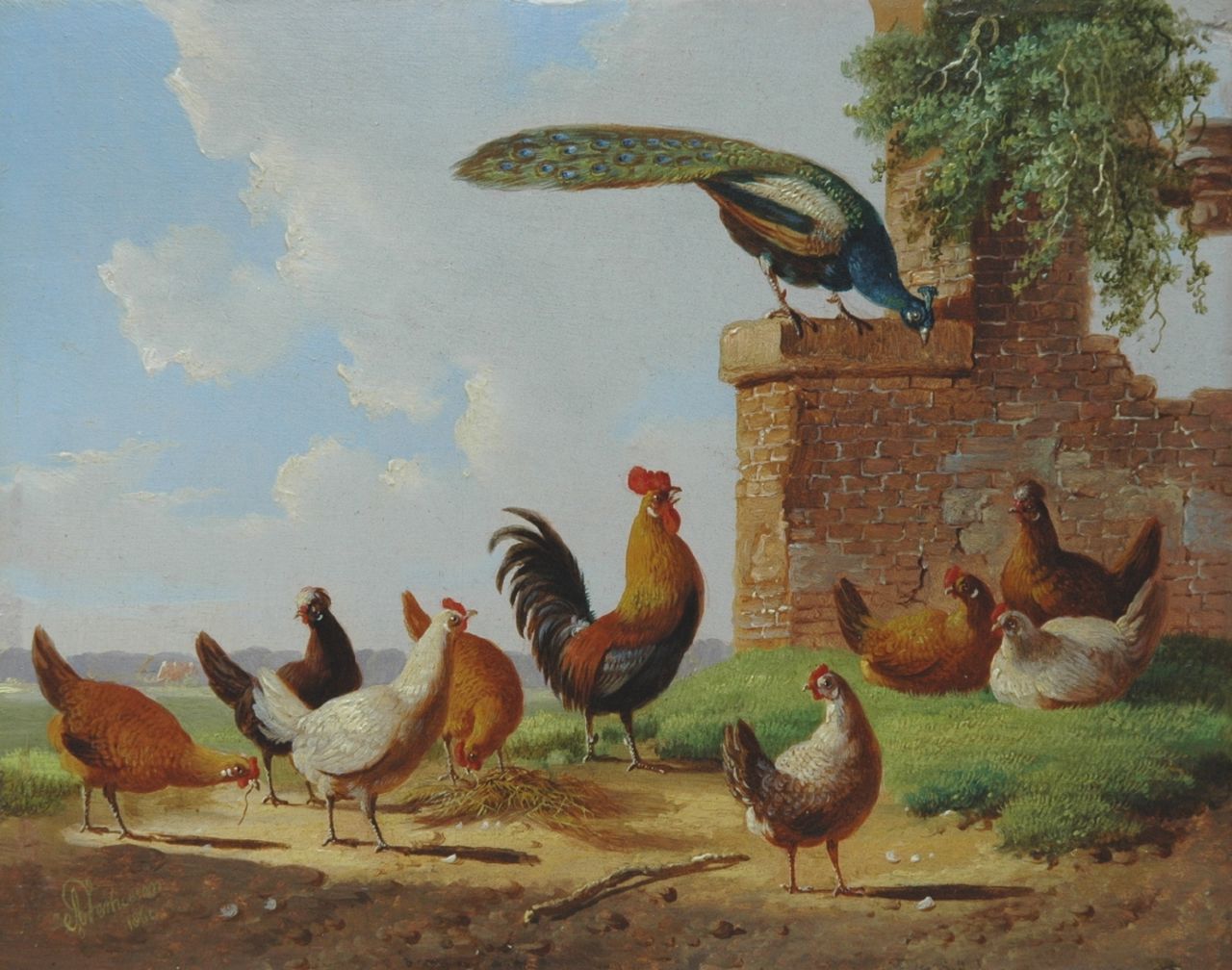 Verhoesen A.  | Albertus Verhoesen, Poultry in a classical landscape, oil on panel 13.2 x 16.7 cm, signed l.l. and dated 1869