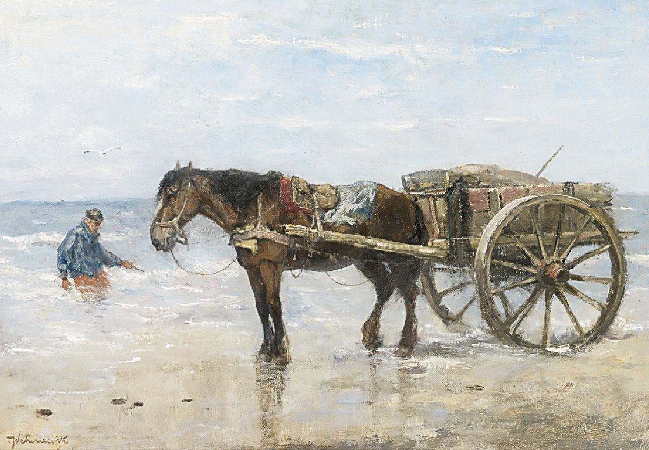 Scherrewitz J.F.C.  | Johan Frederik Cornelis Scherrewitz, A shell-gatherer in the surf, oil on canvas 35.2 x 50.3 cm, signed l.l.