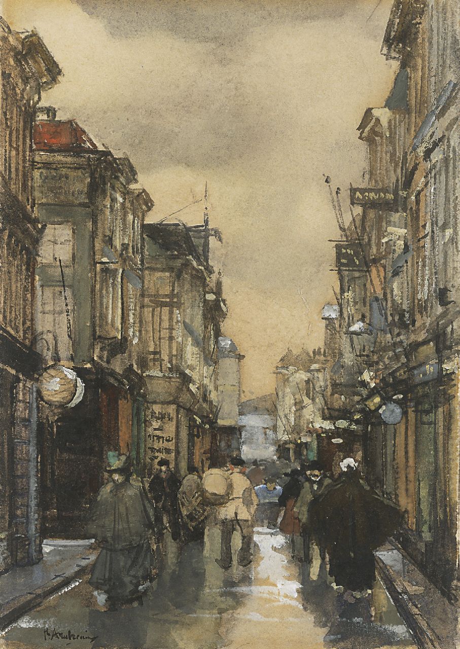 Arntzenius P.F.N.J.  | Pieter Florentius Nicolaas Jacobus 'Floris' Arntzenius, A view of the Spuistraat, The Hague, watercolour and gouache on paper 16.9 x 11.5 cm, signed l.l.