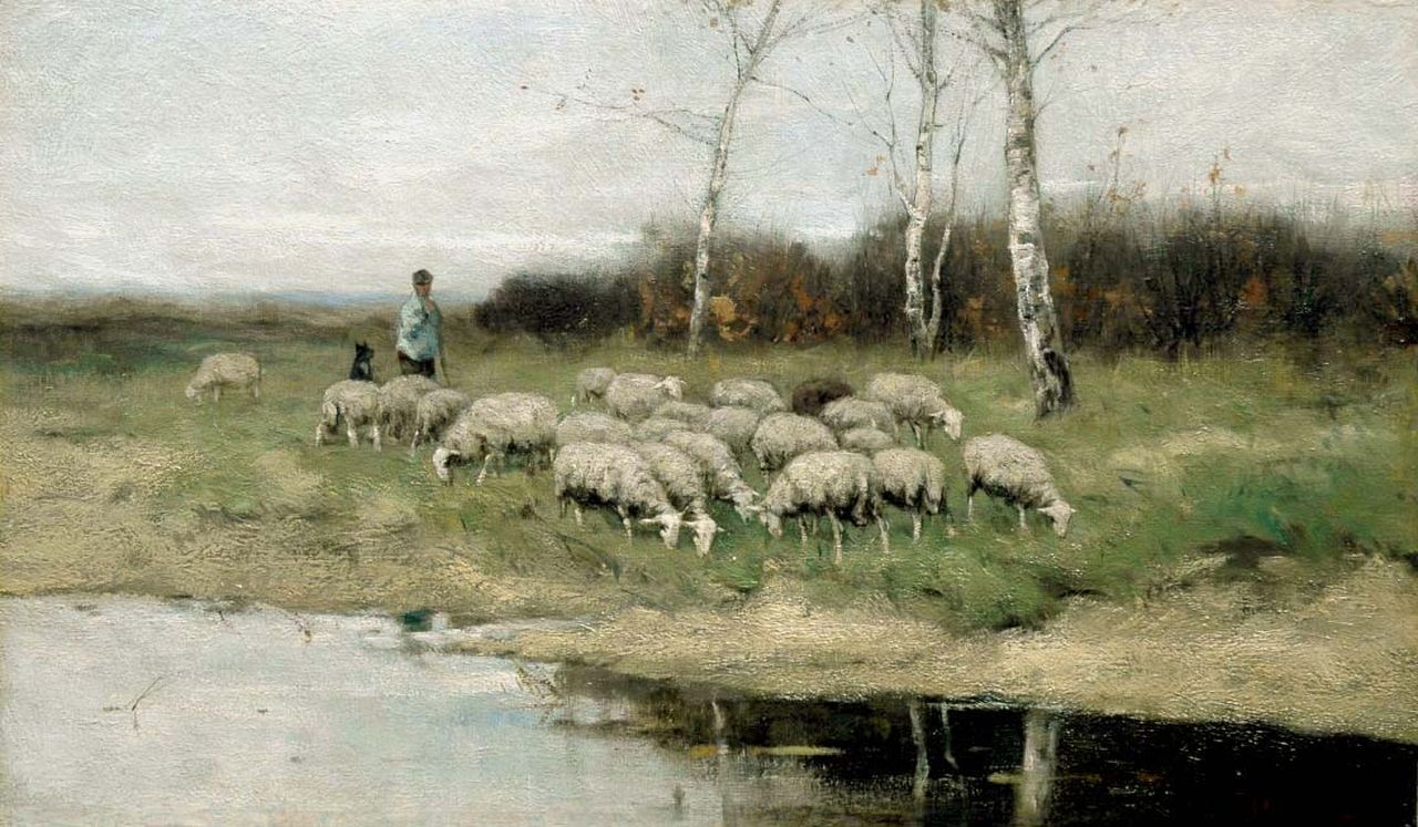 Scherrewitz J.F.C.  | Johan Frederik Cornelis Scherrewitz, A shepherd and his flock at a watering place, oil on canvas 41.0 x 68.9 cm, signed l.r.