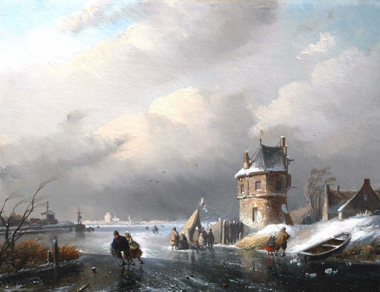 Spohler J.J.  | Jan Jacob Spohler, A winter landscape with figures by a 'koek en zopie', oil on panel 21.9 x 28.5 cm, signed l.l.