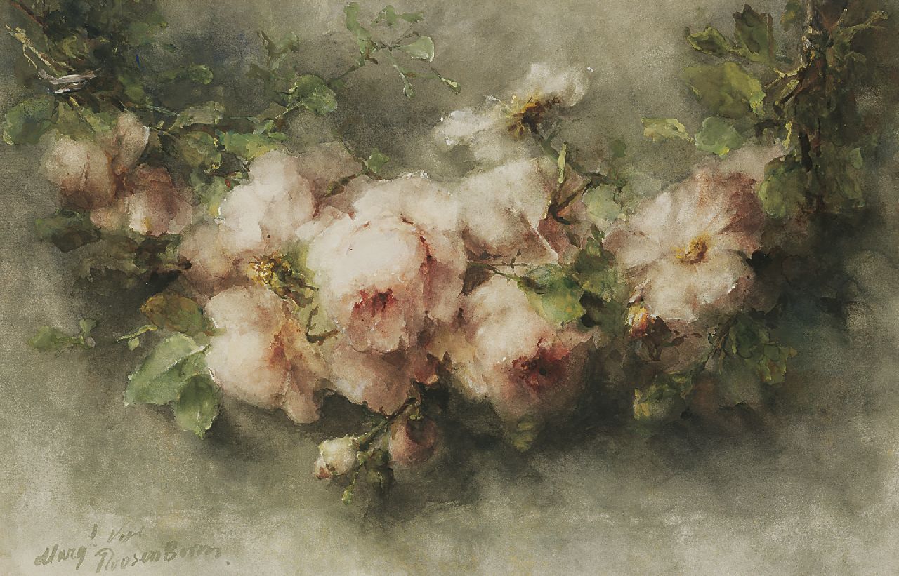 Roosenboom M.C.J.W.H.  | 'Margaretha' Cornelia Johanna Wilhelmina Henriëtta Roosenboom, A garland of pink roses, watercolour on paper 48.3 x 75.3 cm, signed l.l.
