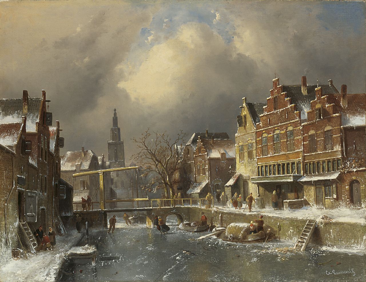 Leickert C.H.J.  | 'Charles' Henri Joseph Leickert, The Verdronkenoord, Alkmaar, in winter, oil on canvas 63.7 x 82.2 cm, signed l.r. and m.r.