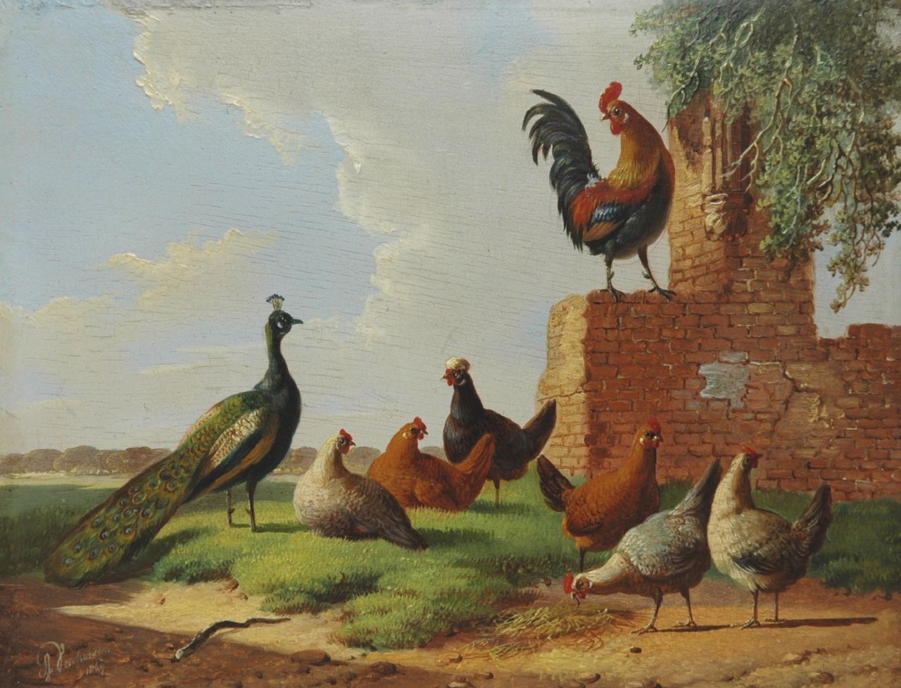 Verhoesen A.  | Albertus Verhoesen, Poultry in a classical landscape, oil on panel 13.2 x 16.7 cm, signed l.l. and dated 1869