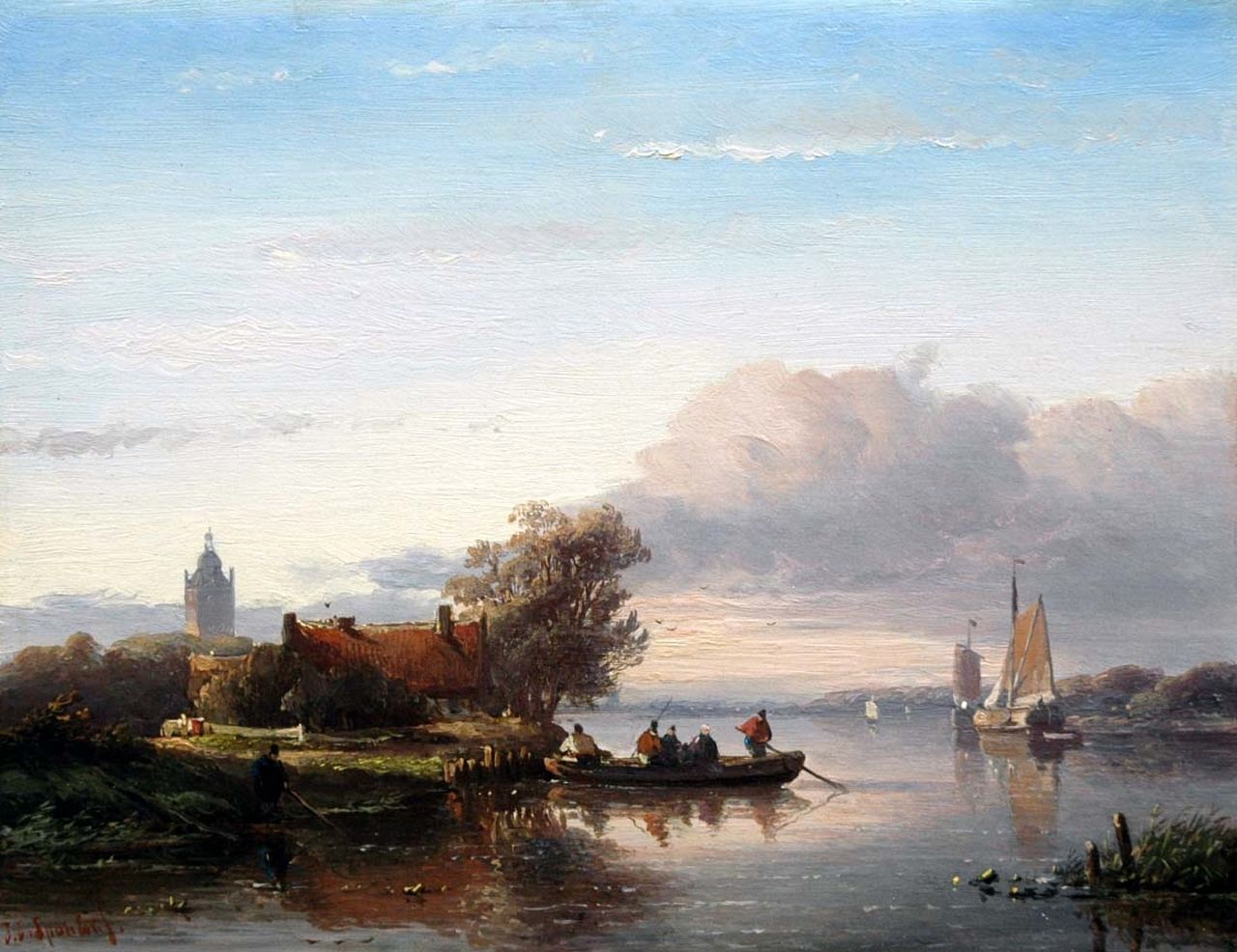 Spohler J.J.  | Jan Jacob Spohler, An extensive river landscape, oil on panel 22.1 x 28.8 cm, signed l.l.
