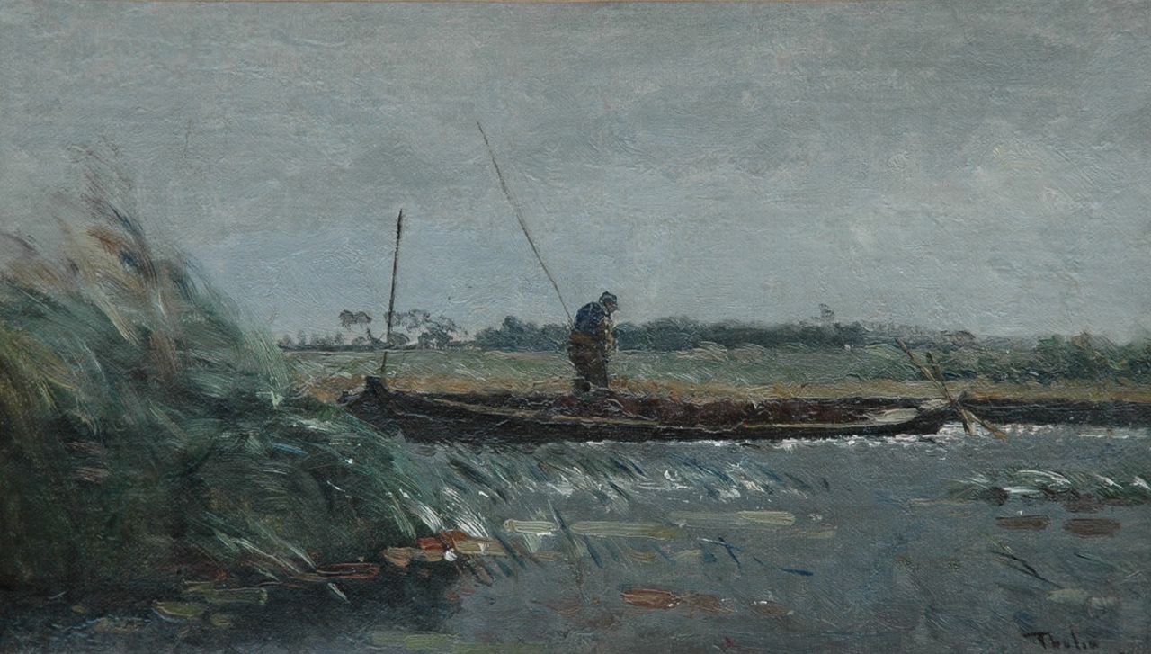 Tholen W.B.  | Willem Bastiaan Tholen, A figure  in a flatboat, oil on canvas 23.2 x 40.3 cm, signed l.r.