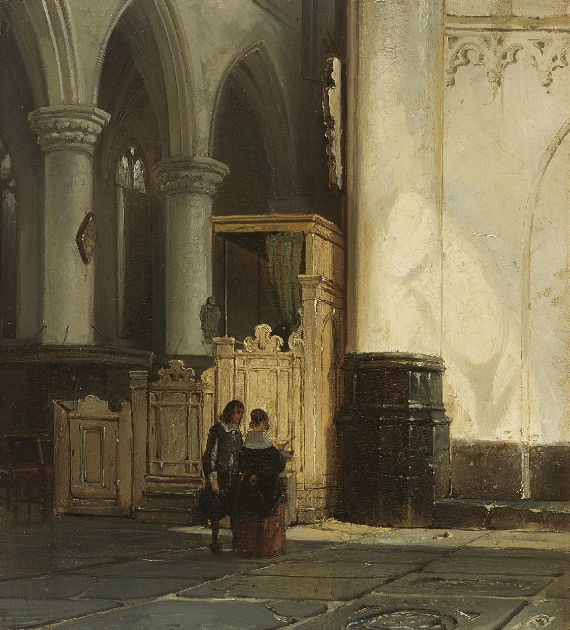 Springer C.  | Cornelis Springer, A Dutch church interior with 17th century figures, oil on panel 27.8 x 25.0 cm, signed l.r. with monogram and dated 1849