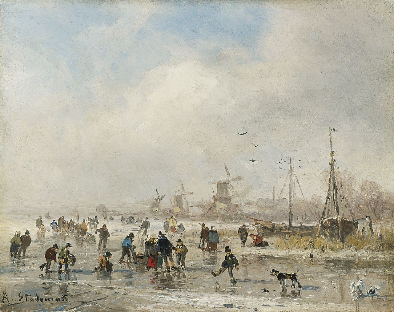 Stademann A.  | Adolf Stademann, Skaters on the ice, oil on panel 21.3 x 27.0 cm, signed l.l.