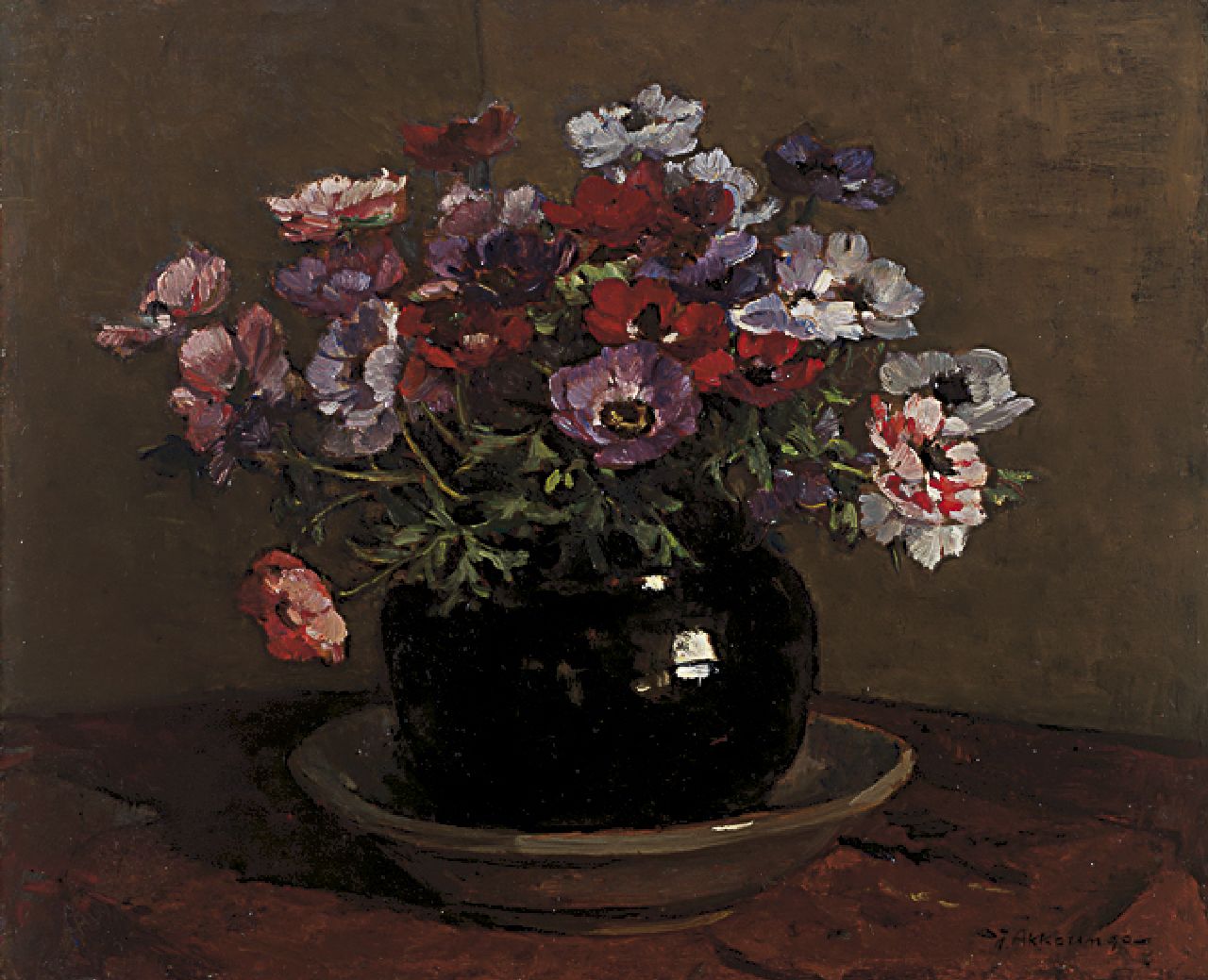 Akkeringa J.E.H.  | 'Johannes Evert' Hendrik Akkeringa, Anemones in a earthenware vase, oil on panel 41.4 x 50.4 cm, signed l.r.