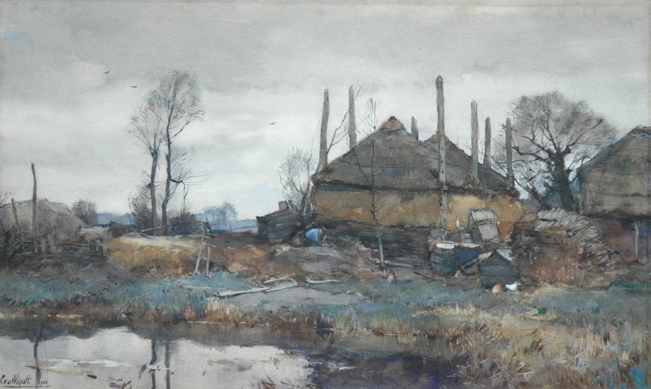 Windt Ch. van der | Christophe 'Chris' van der Windt, A farm on the waterfront, watercolour and gouache on paper 42.3 x 70.2 cm, signed l.l. and painted 1906