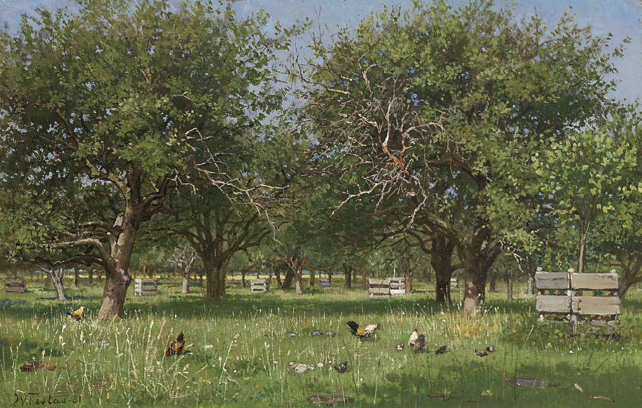 Famars Testas W. de | Willem de Famars Testas, Chickens in an orchard, oil on canvas laid down on panel 22.4 x 34.9 cm, signed l.l. and dated '81