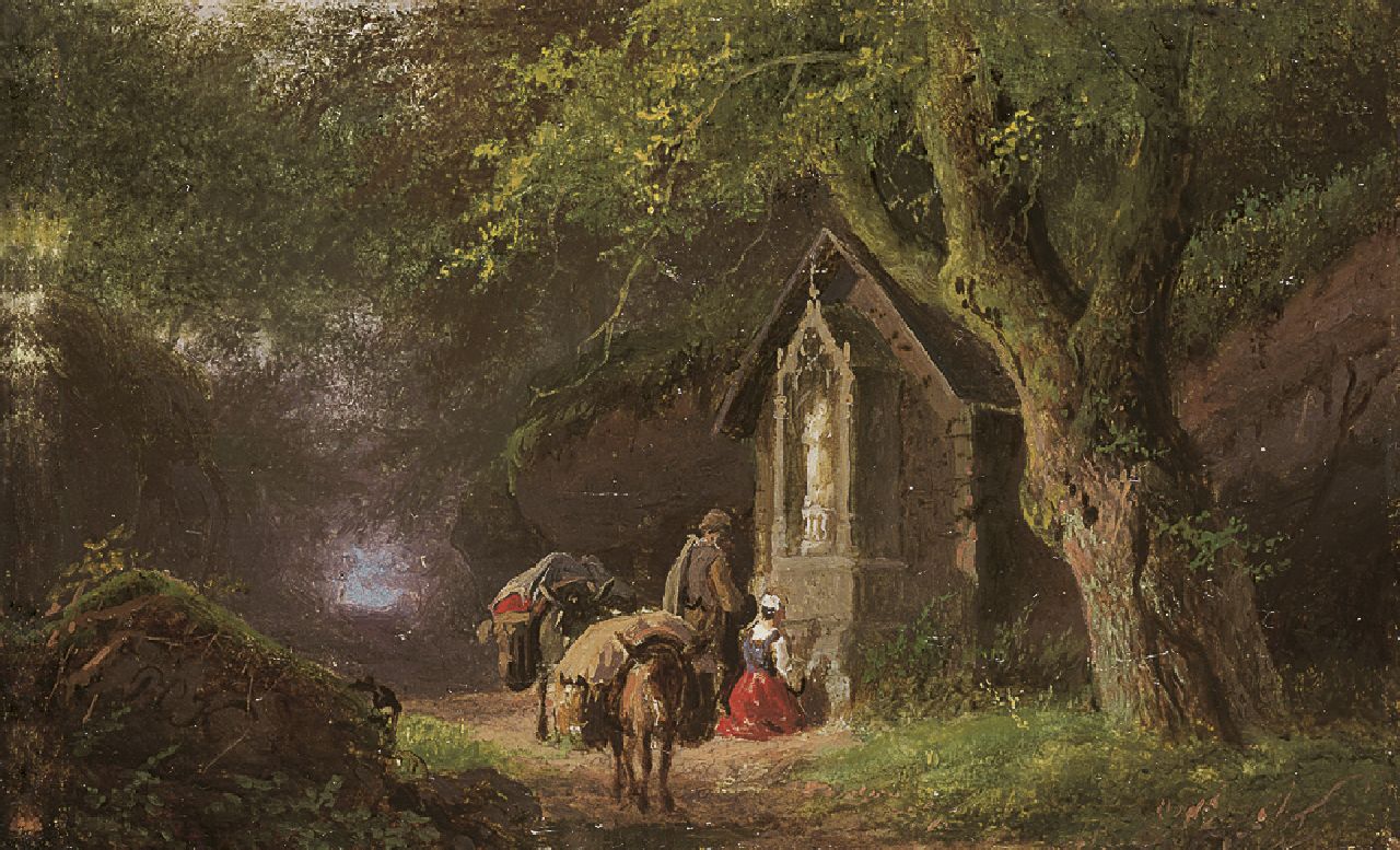 Koekkoek B.C.  | Barend Cornelis Koekkoek, Travellers at a Lady Chapel in the woods, oil on copper 5.7 x 9.0 cm, signed l.l. with initials and painted between 1845-1849