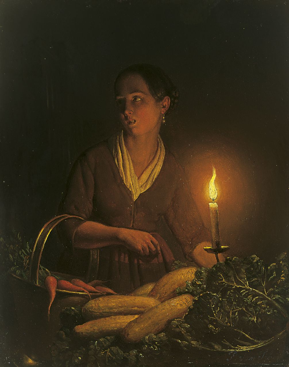 Schendel P. van | Petrus van Schendel, A girl selling vegetables at the night-market, oil on panel 24.3 x 19.2 cm, signed l.r.