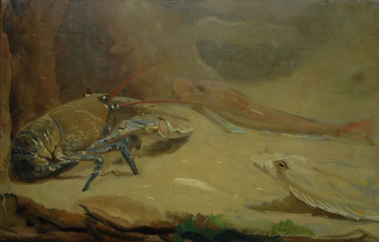 Dijsselhof G.W.  | Gerrit Willem Dijsselhof, An aquarium with lobster, plaice and carp, oil on canvas 37.3 x 58.0 cm, signed l.l. with monogram