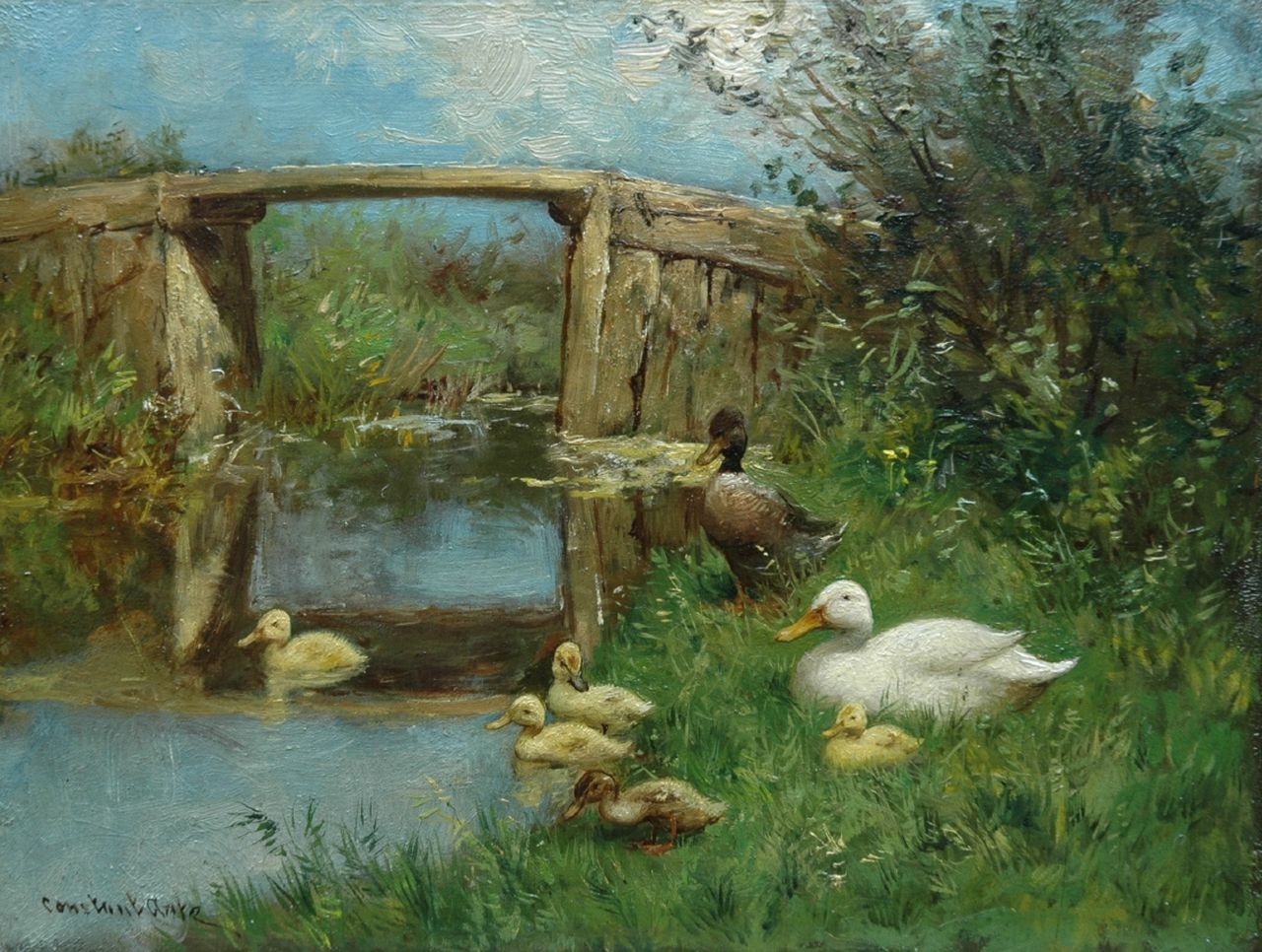 Artz C.D.L.  | 'Constant' David Ludovic Artz, Family of ducks on a river bank, oil on panel 18.1 x 24.0 cm, signed l.l.