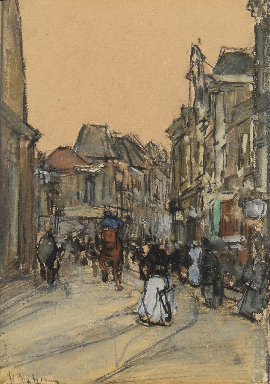 Arntzenius P.F.N.J.  | Pieter Florentius Nicolaas Jacobus 'Floris' Arntzenius, A street in The Hague, black chalk and watercolour on paper 12.5 x 8.9 cm, signed l.l.