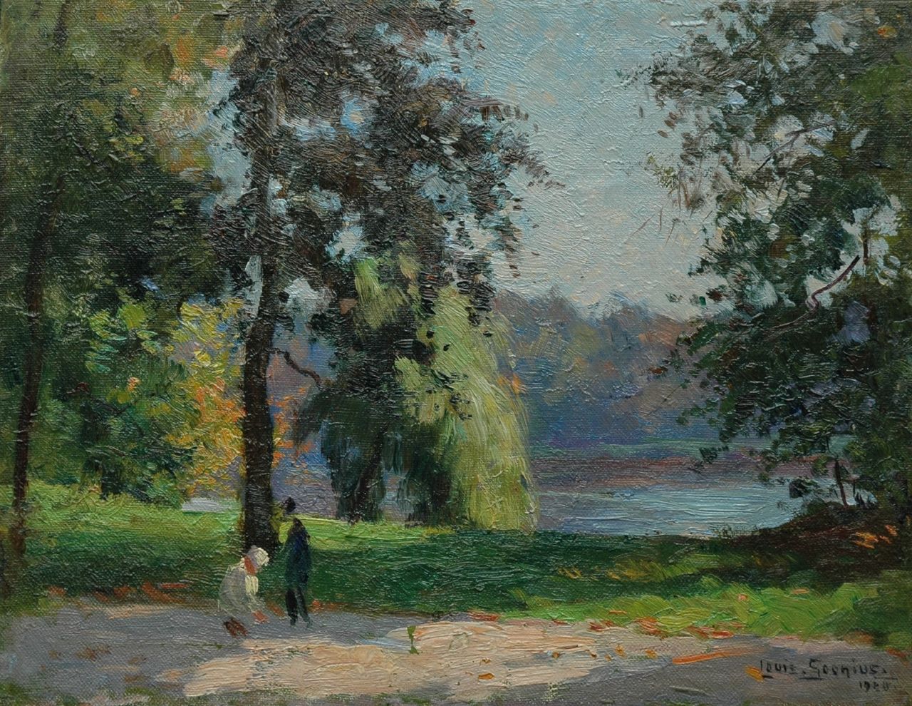 Soonius L.  | Lodewijk 'Louis' Soonius, In the park, oil on canvas laid down on panel 27.2 x 35.1 cm, signed l.r. and dated 1920