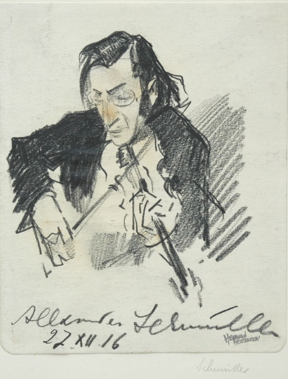 Moerkerk H.A.J.M.  | Hermanus Antonius Josephus Maria 'Herman' Moerkerk, Portrait of violin player Alexander Schmuller, black chalk on paper 12.7 x 15.4 cm, signed l.r. and dated 27 XII '16