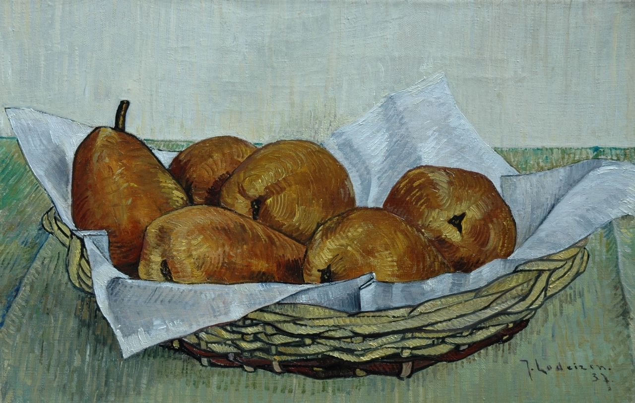 Lodeizen J.  | Johannes 'Jo' Lodeizen, Pears in a basket, oil on canvas 28.7 x 43.6 cm, signed l.r. and dated '37