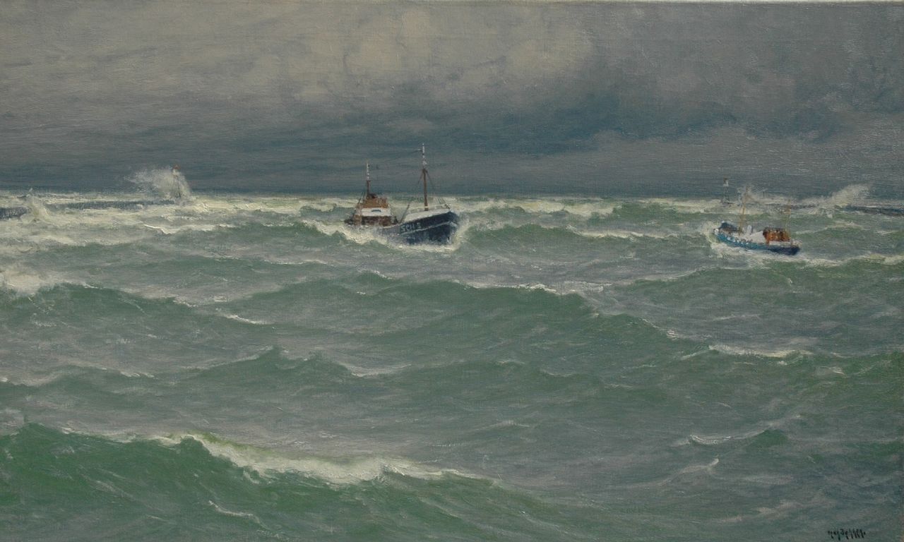 Dekker H.N.  | Henricus Nicolaas 'Henk' Dekker, The arrival of  'Scheveninger 5', oil on canvas 60.7 x 100.3 cm, signed l.r.
