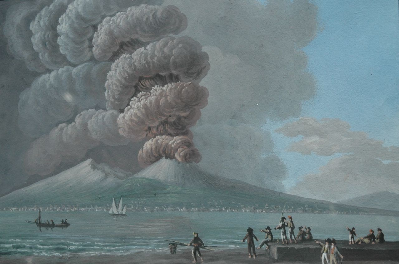 Italiaanse School, 19e eeuw   | Italiaanse School, 19e eeuw, Uitbarsting van de Vesuvius bij dag, op 19 juni 1794, gouache on paper 23.5 x 29.0 cm