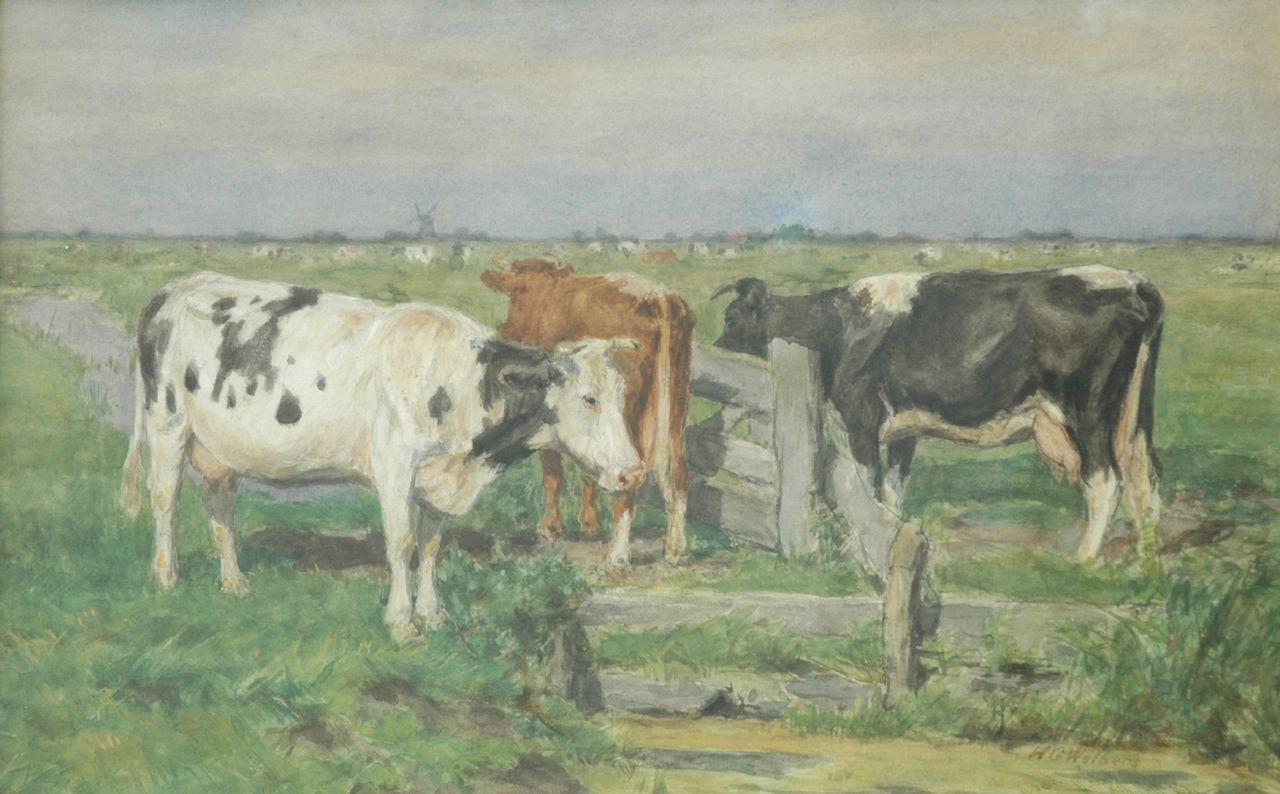 Wolbers H.G.  | Hermanus Gerhardus 'Herman' Wolbers, Cows near a fence, watercolour on paper 35.0 x 54.5 cm, gesigneerd rechtsonder
