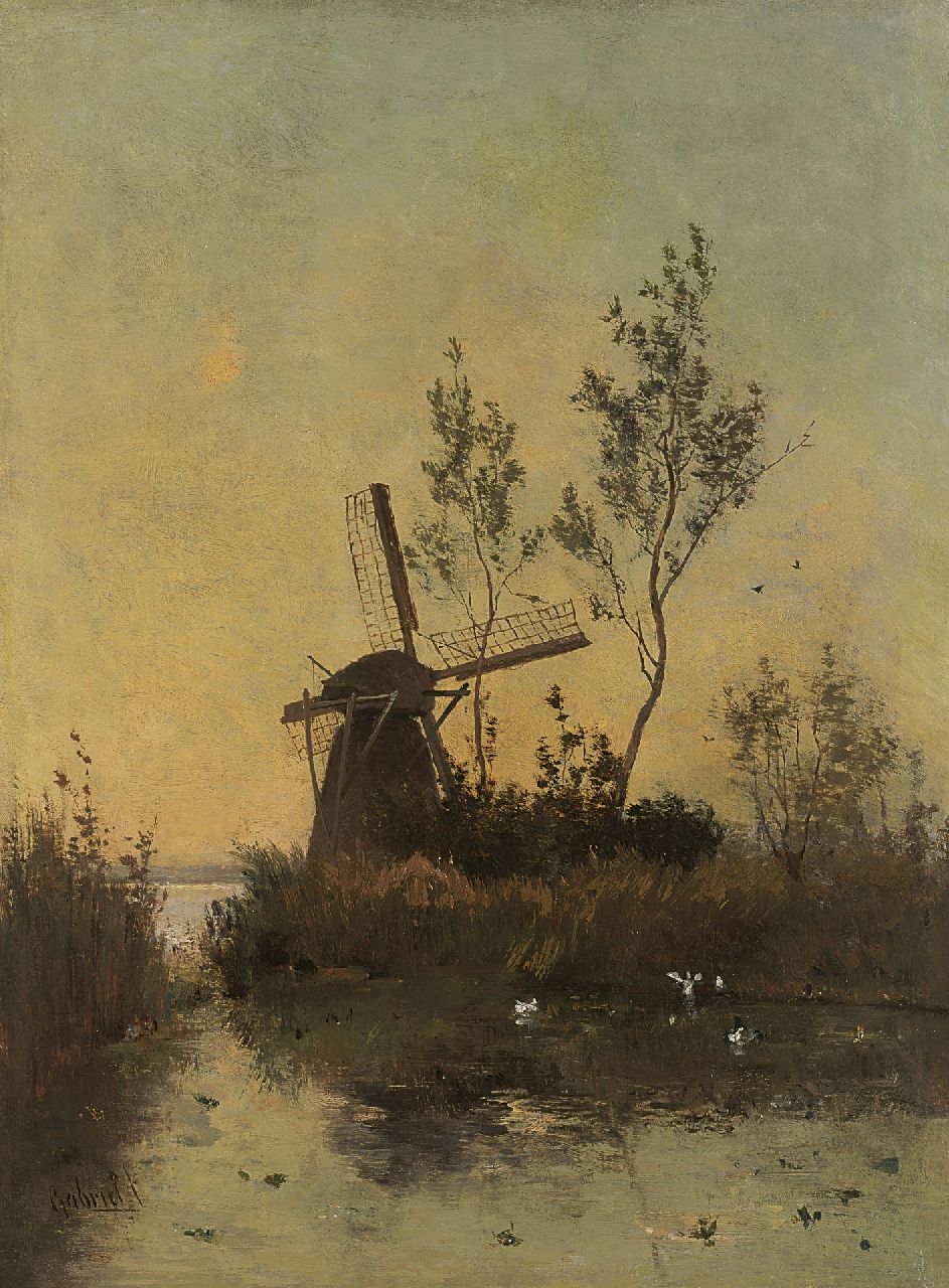 Gabriel P.J.C.  | Paul Joseph Constantin 'Constan(t)' Gabriel, A windmill by sunset, oil on canvas 48.0 x 35.5 cm, signed l.l.