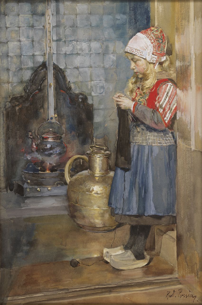 Possin R.  | Rudolf Possin, A girl from Marken in a traditional costume, watercolour on paper 27.0 x 19.0 cm, signed l.r.
