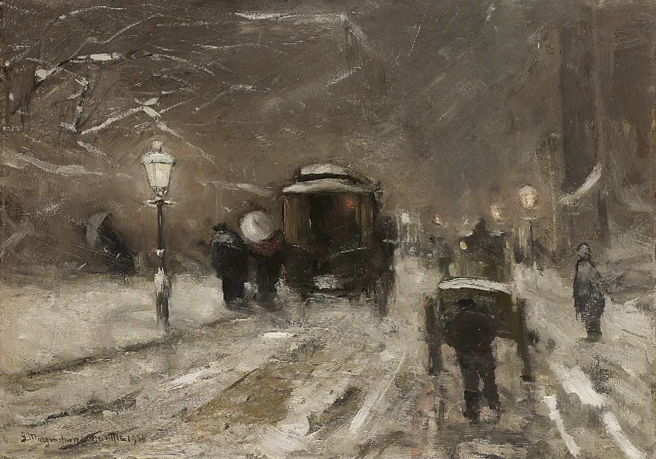 Munthe G.A.L.  | Gerhard Arij Ludwig 'Morgenstjerne' Munthe, Horsetrams in winter, oil on canvas 47.3 x 66.1 cm, signed l.l. and dated 1900