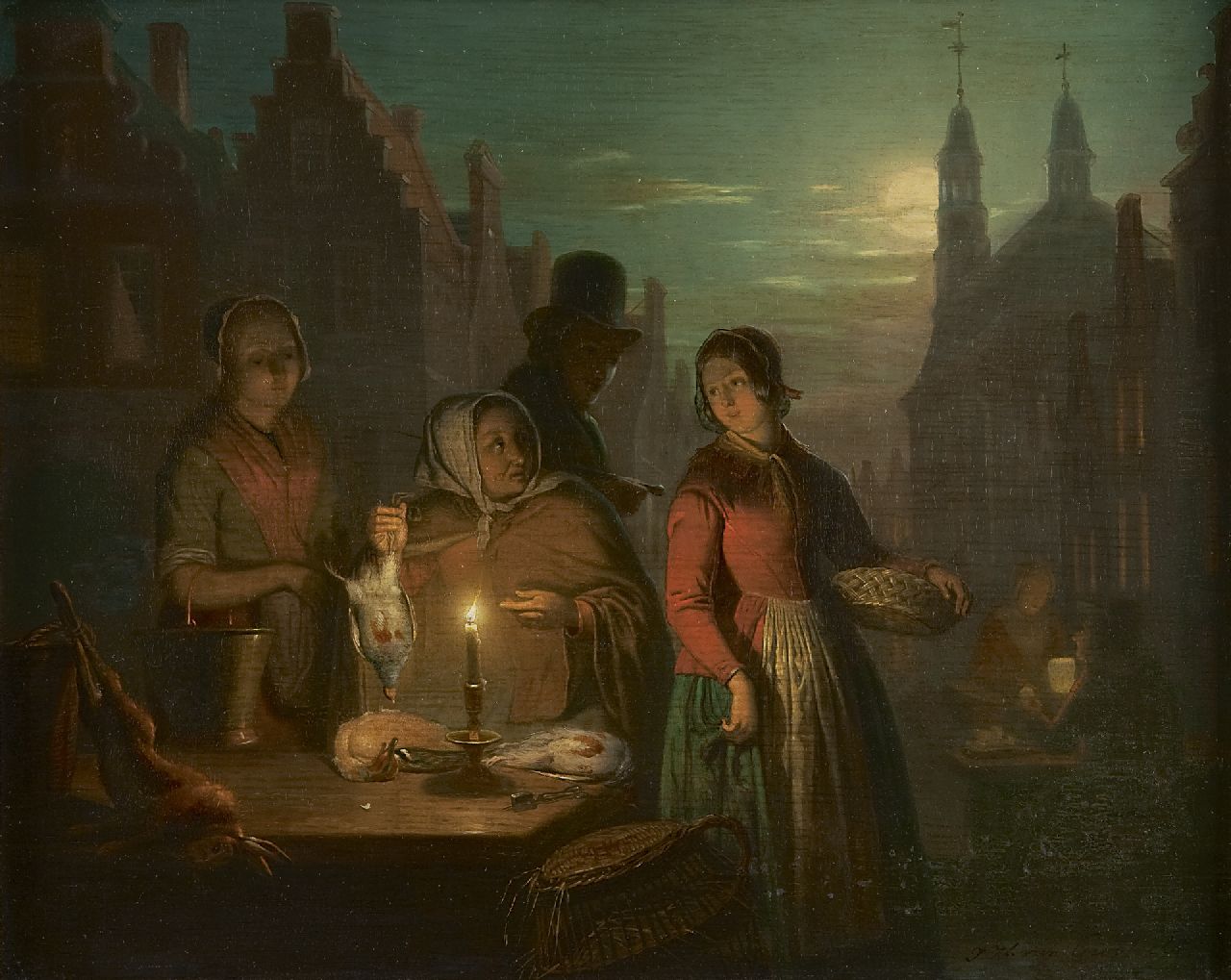 Grootvelt J.H. van | Jan Hendrik van Grootvelt, The evening market in Ravenstein, oil on panel 26.6 x 33.6 cm, signed l.r.