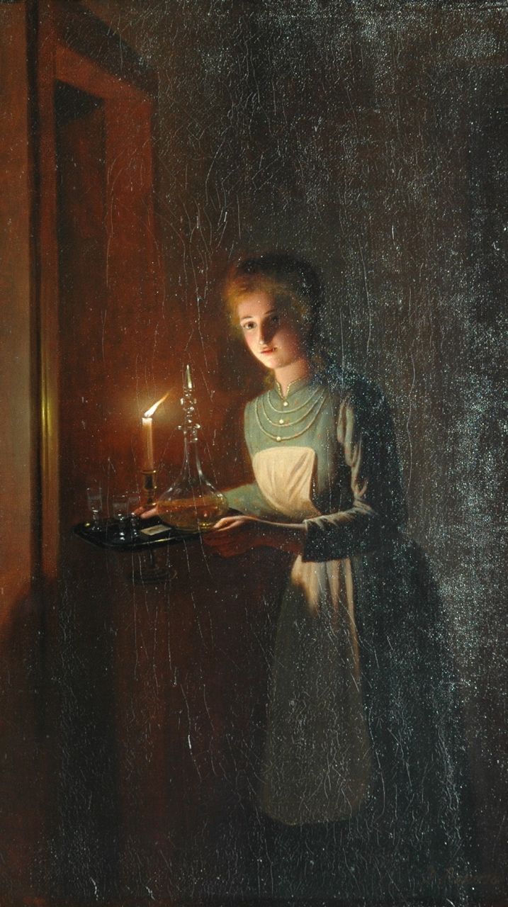 Rosierse J.  | Johannes Rosierse, A woman by candlelight, oil on canvas 37.5 x 21.7 cm, signed l.r.