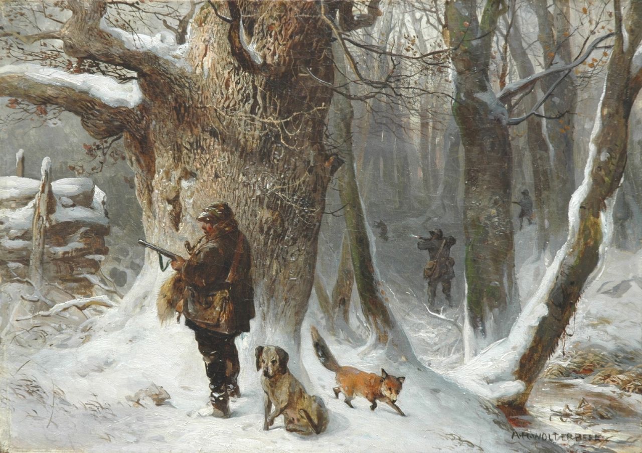 Wolterbeek A.H.  | 'Anna' Henriëtte Wolterbeek, Huntsmen in a winter landscape, oil on canvas 29.9 x 42.1 cm, signed l.r. and on the reverse