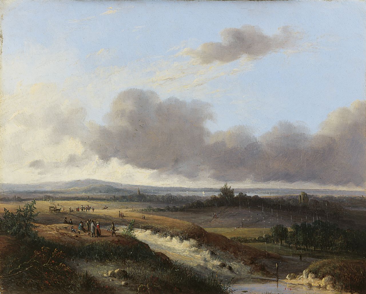 Weerts C.A.  | Coenraad Alexander Weerts, Figures in an extensive landscape, oil on panel 22.5 x 28.2 cm, signed l.l. and l.r. with initials