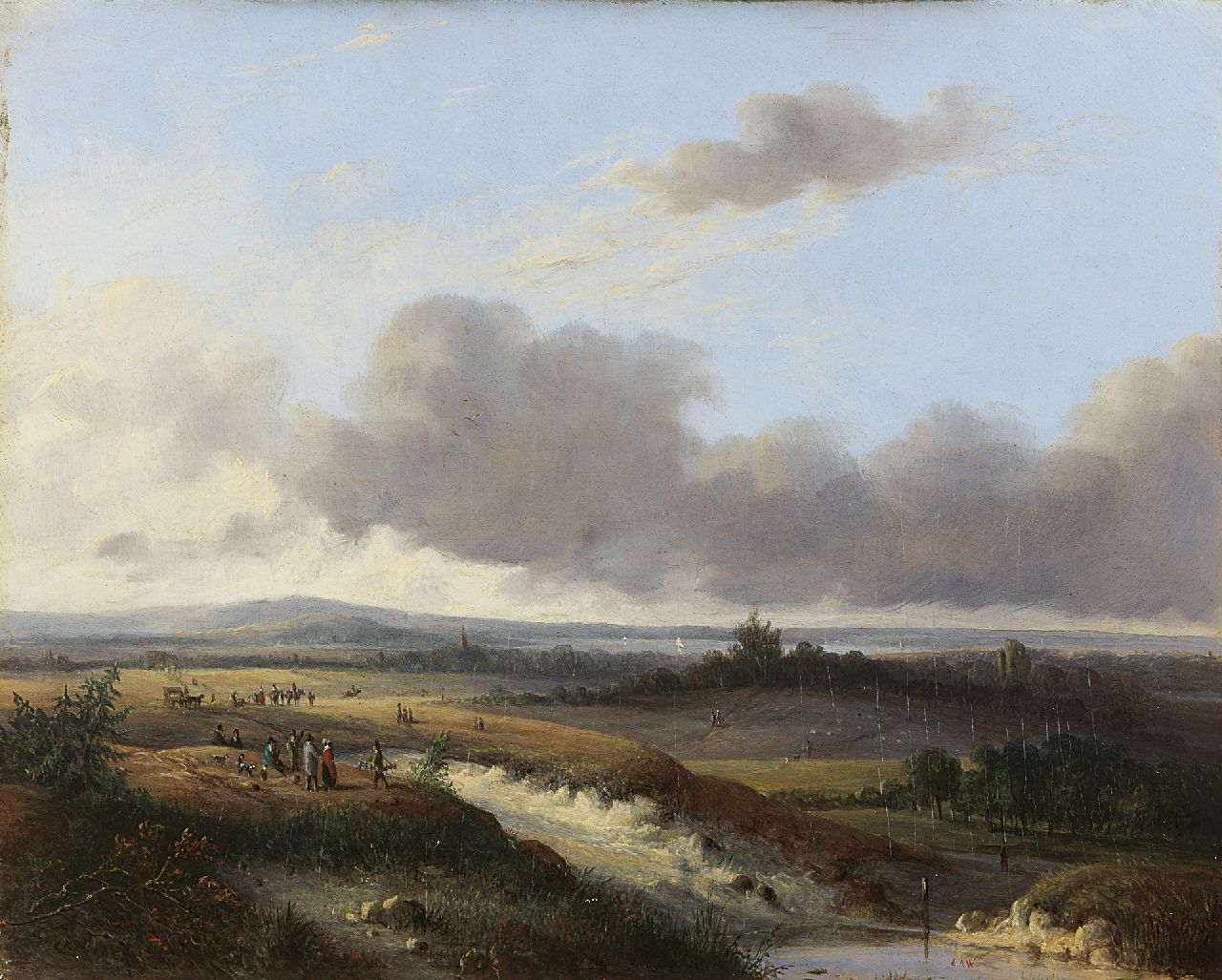 Weerts C.A.  | Coenraad Alexander Weerts, Figures in an extensive landscape, oil on panel 22.5 x 28.2 cm, signed l.l. and l.r. with initials