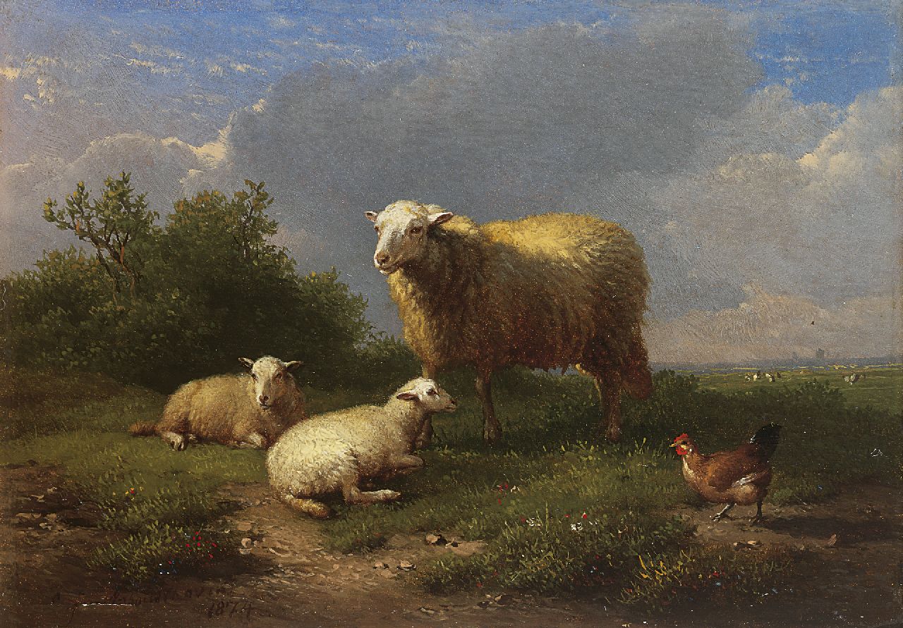 Verboeckhoven E.J.  | Eugène Joseph Verboeckhoven, A landscape with sheep and lambs, oil on panel 14.4 x 20.4 cm, signed l.l. and dated 1874