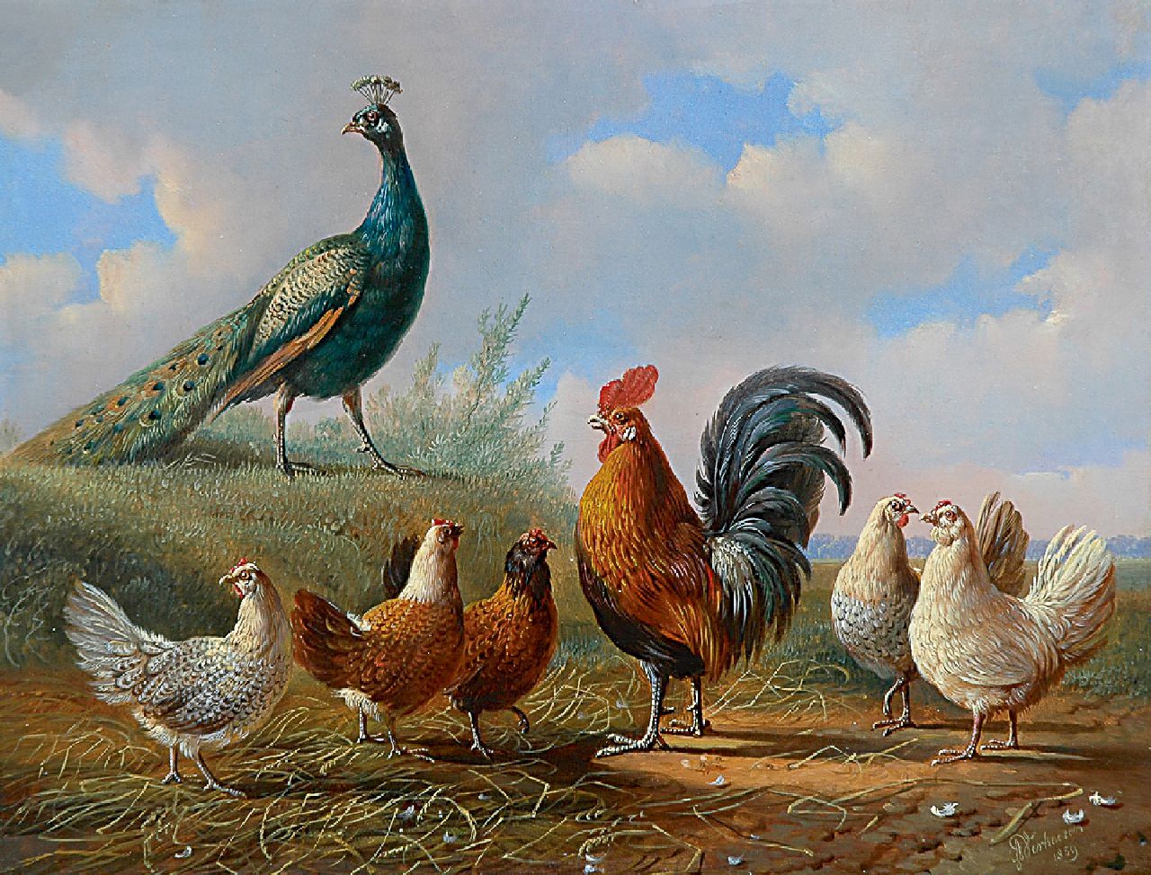 Verhoesen A.  | Albertus Verhoesen, A peacock, a cock and his fowls in a landscape, oil on panel 25.2 x 33.1 cm, signed l.r. and painted 1859