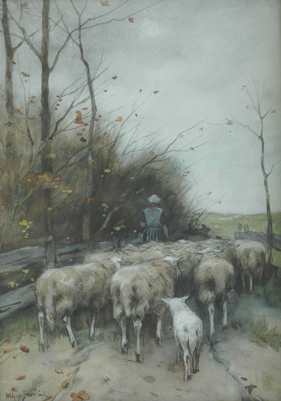 Steelink jr. W.  | Willem Steelink jr., Shepherdess and her flock, watercolour and gouache on paper 31.5 x 23.0 cm, signed l.l.