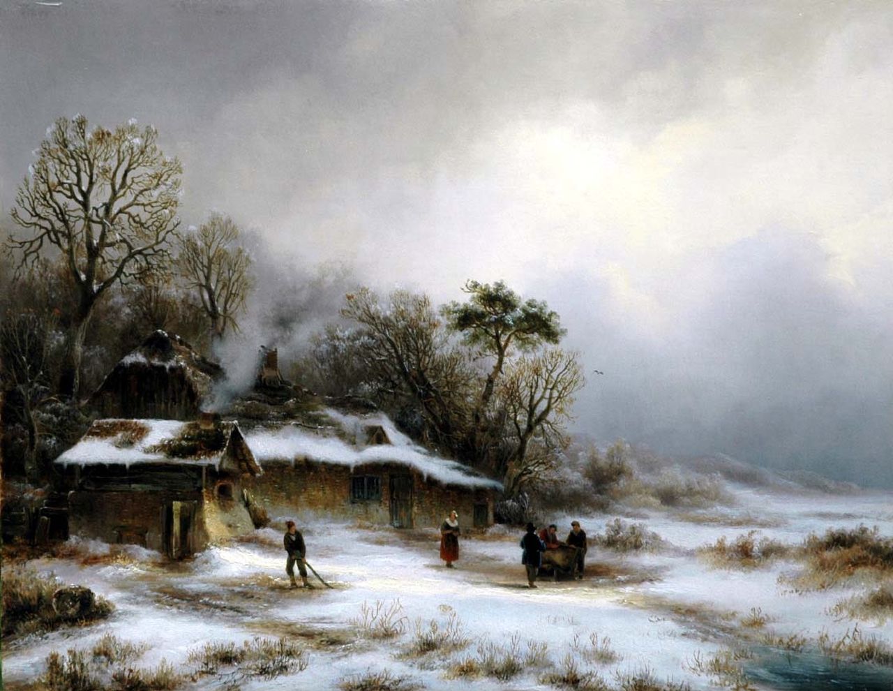Braakman A.  | Anthonie 'Anton' Braakman, Farmer's cottages in a snowy dune landscape, oil on panel 32.7 x 42.4 cm