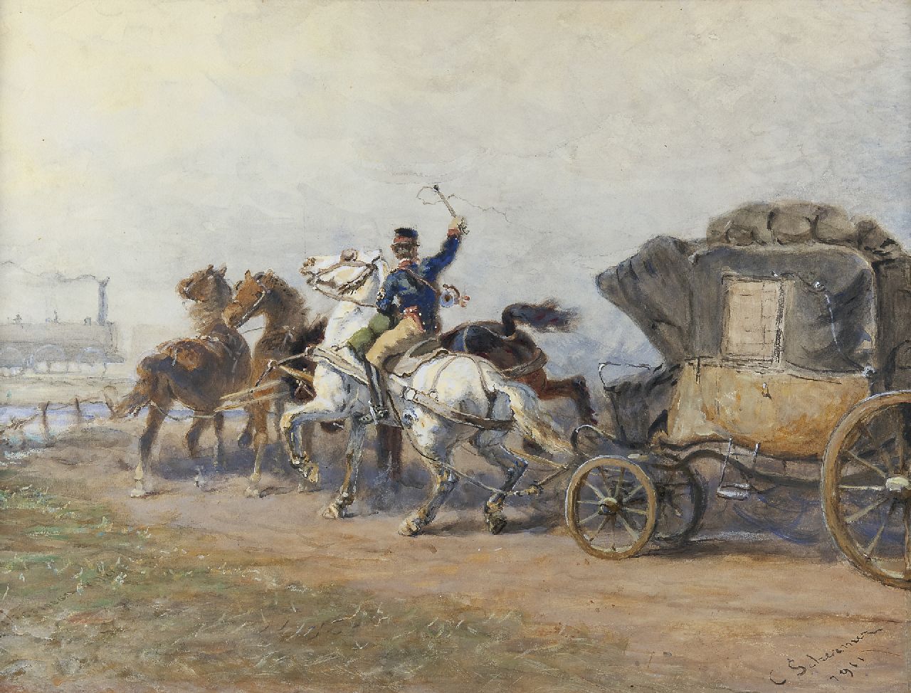 Schermer C.A.J.  | Cornelis Albertus Johannes Schermer, Coming to a stop for the train, watercolour on paper 55.4 x 72.3 cm, signed l.r. and painted 1911