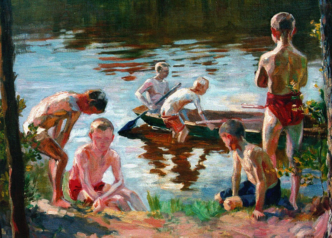 Vogel H.M.  | Heinrich 'Max' Vogel, Boys at play on a riverbank, oil on canvas 52.0 x 64.0 cm, signed l.r.