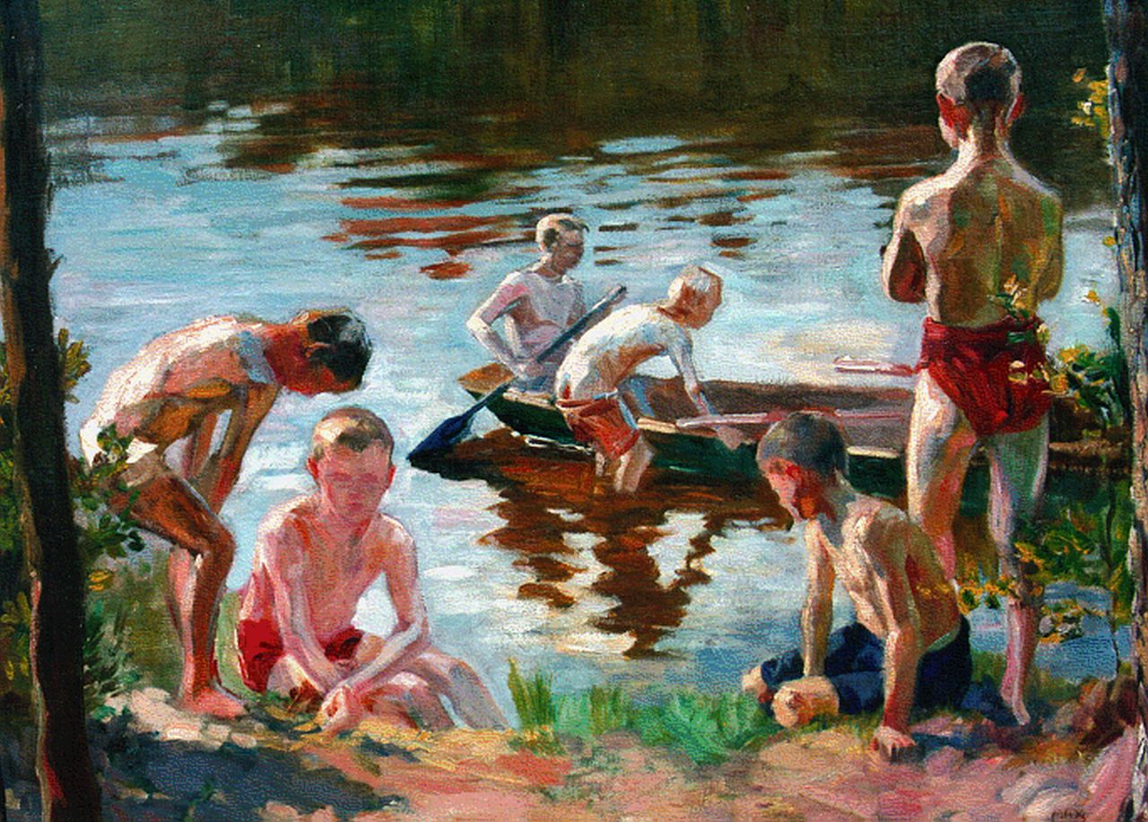 Max Vogel | Boys at play on a riverbank, oil on canvas, 52.0 x 64.0 cm, signed l.r.